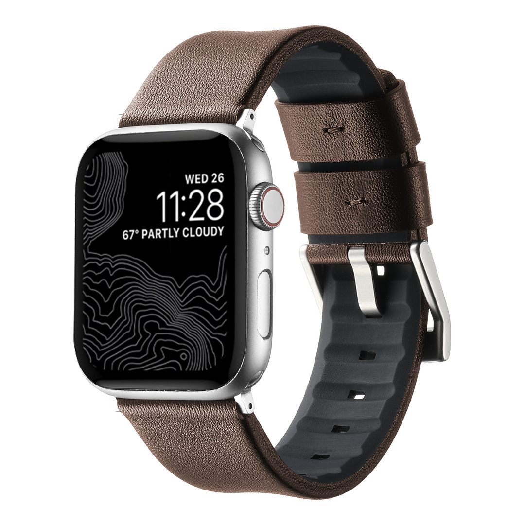 Leder + Silikonarmband - Braun + silberner Connector und Schlie&szlig;e - Geeignet f&uuml;r Apple Watch 44mm / 45mm / 46mm / 49mm