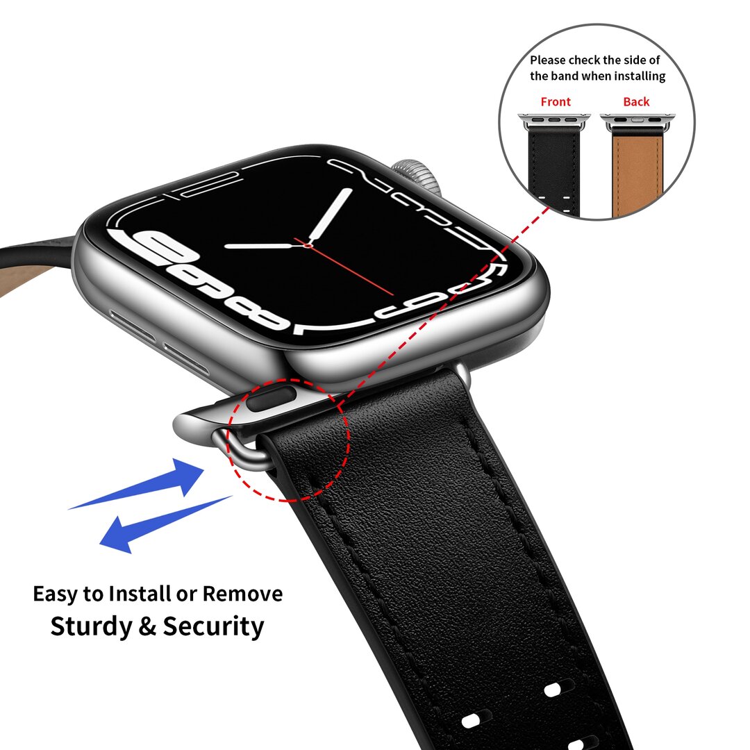 Lederarmband mit Doppelschlie&szlig;e - Schwarz mit silberner Schlie&szlig;e - Geeignet f&uuml;r Apple Watch 44mm / 45mm / 46mm / 49mm