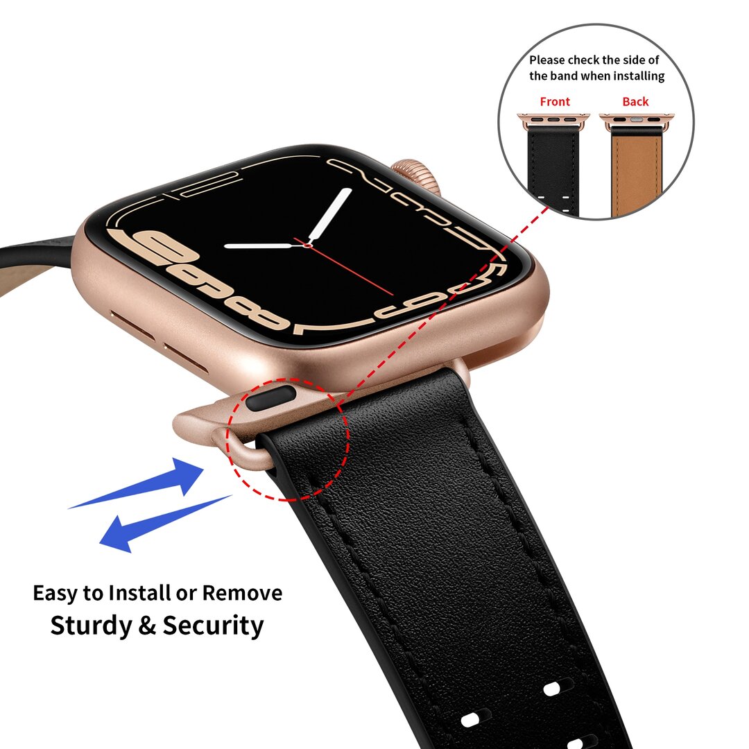 Lederarmband mit Doppelschlie&szlig;e - Schwarz mit rosa Schlie&szlig;e - Geeignet f&uuml;r Apple Watch 44mm / 45mm / 46mm / 49mm