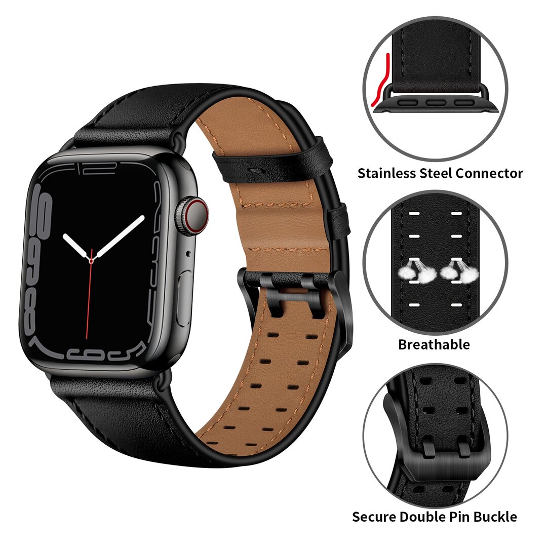 Lederarmband mit Doppelschlie&szlig;e - Schwarz mit schwarzer Schlie&szlig;e - Geeignet f&uuml;r Apple Watch 44mm / 45mm / 46mm / 49mm