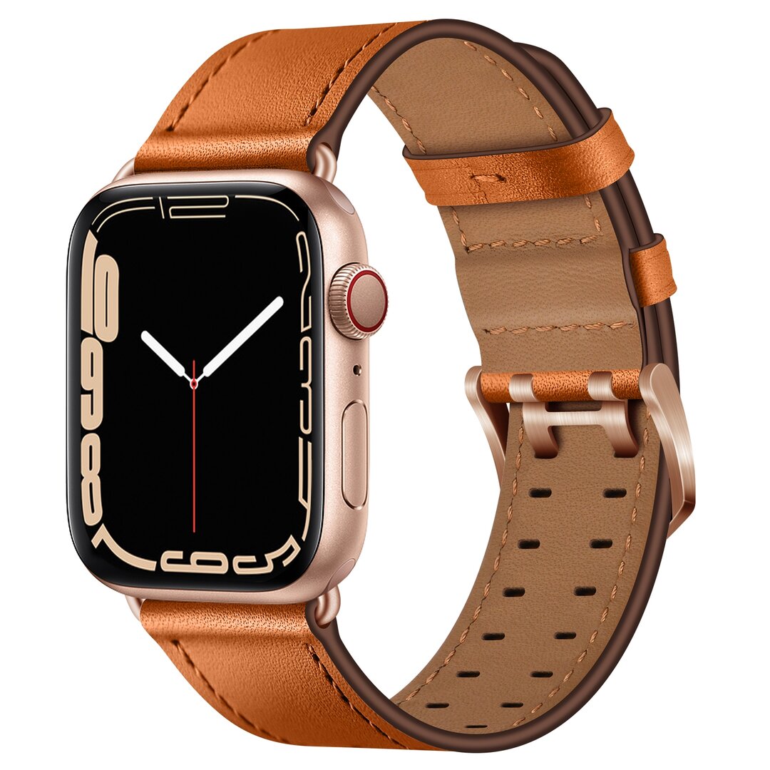 Lederarmband mit Doppelschlie&szlig;e - Hellbraun mit rosafarbener Schlie&szlig;e - Geeignet f&uuml;r Apple Watch 44mm / 45mm / 46mm / 49mm