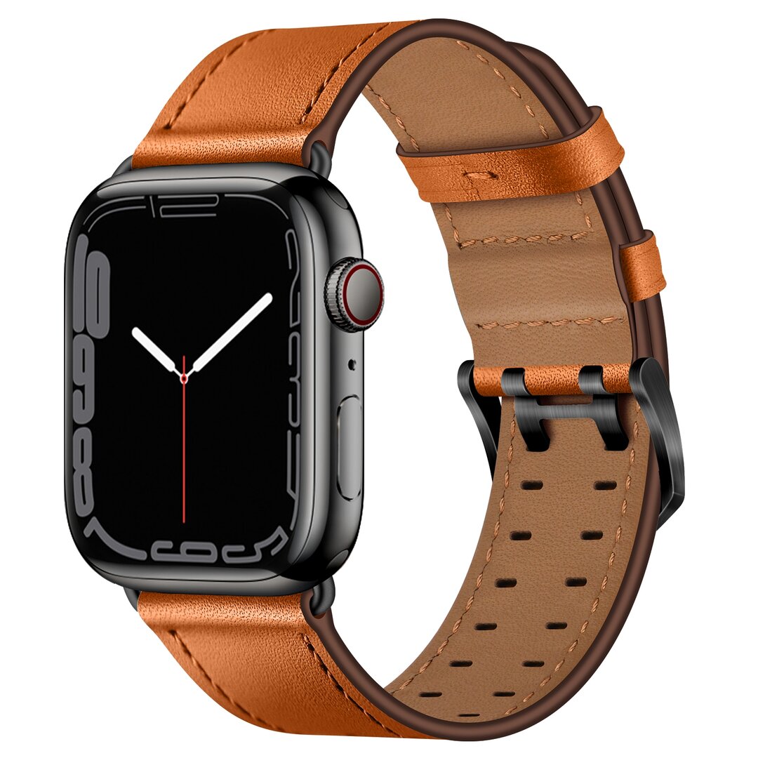 Lederarmband mit Doppelschlie&szlig;e - Hellbraun mit schwarzer Schlie&szlig;e - Geeignet f&uuml;r Apple Watch 44mm / 45mm / 46mm / 49mm