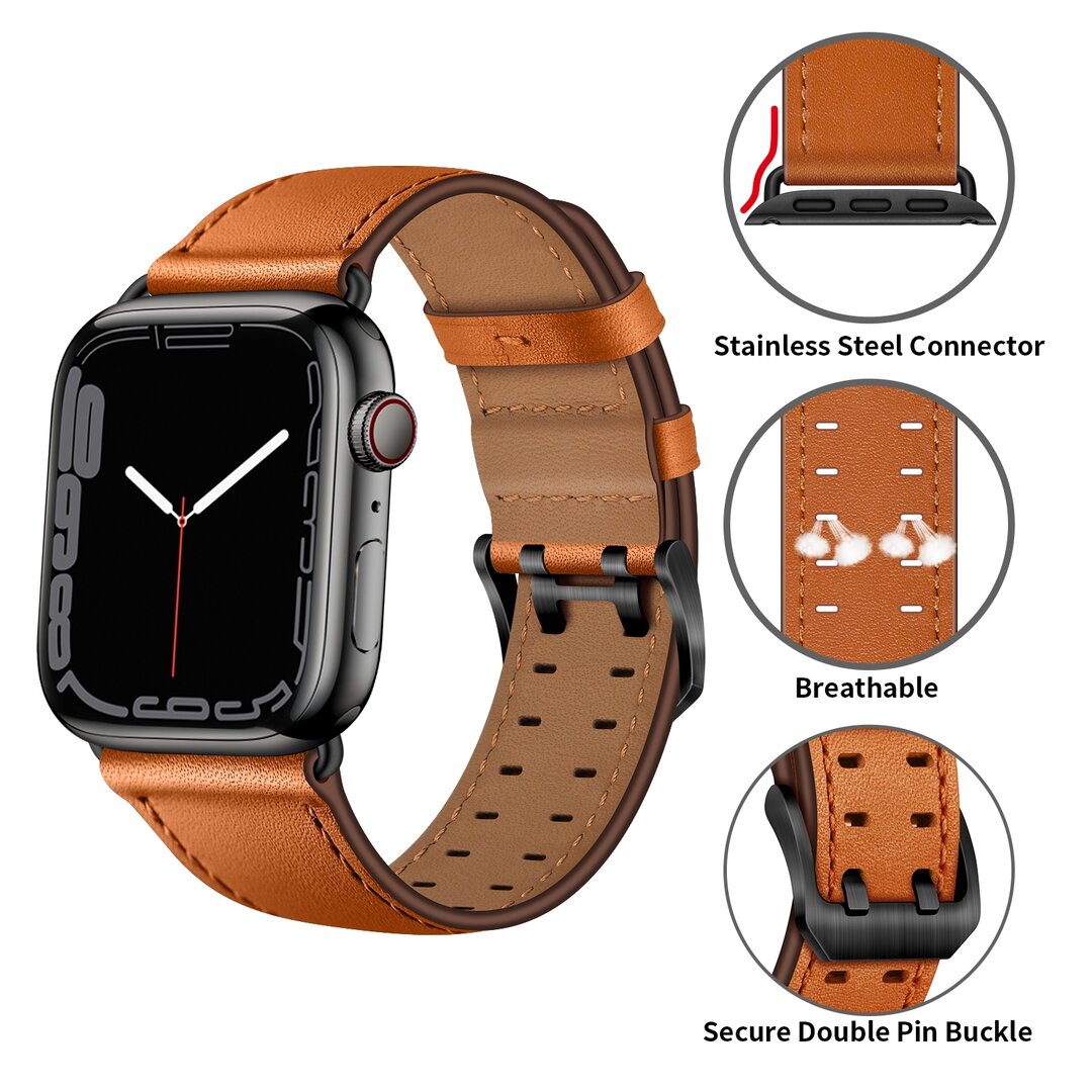 Lederarmband mit Doppelschlie&szlig;e - Hellbraun mit schwarzer Schlie&szlig;e - Geeignet f&uuml;r Apple Watch 44mm / 45mm / 46mm / 49mm