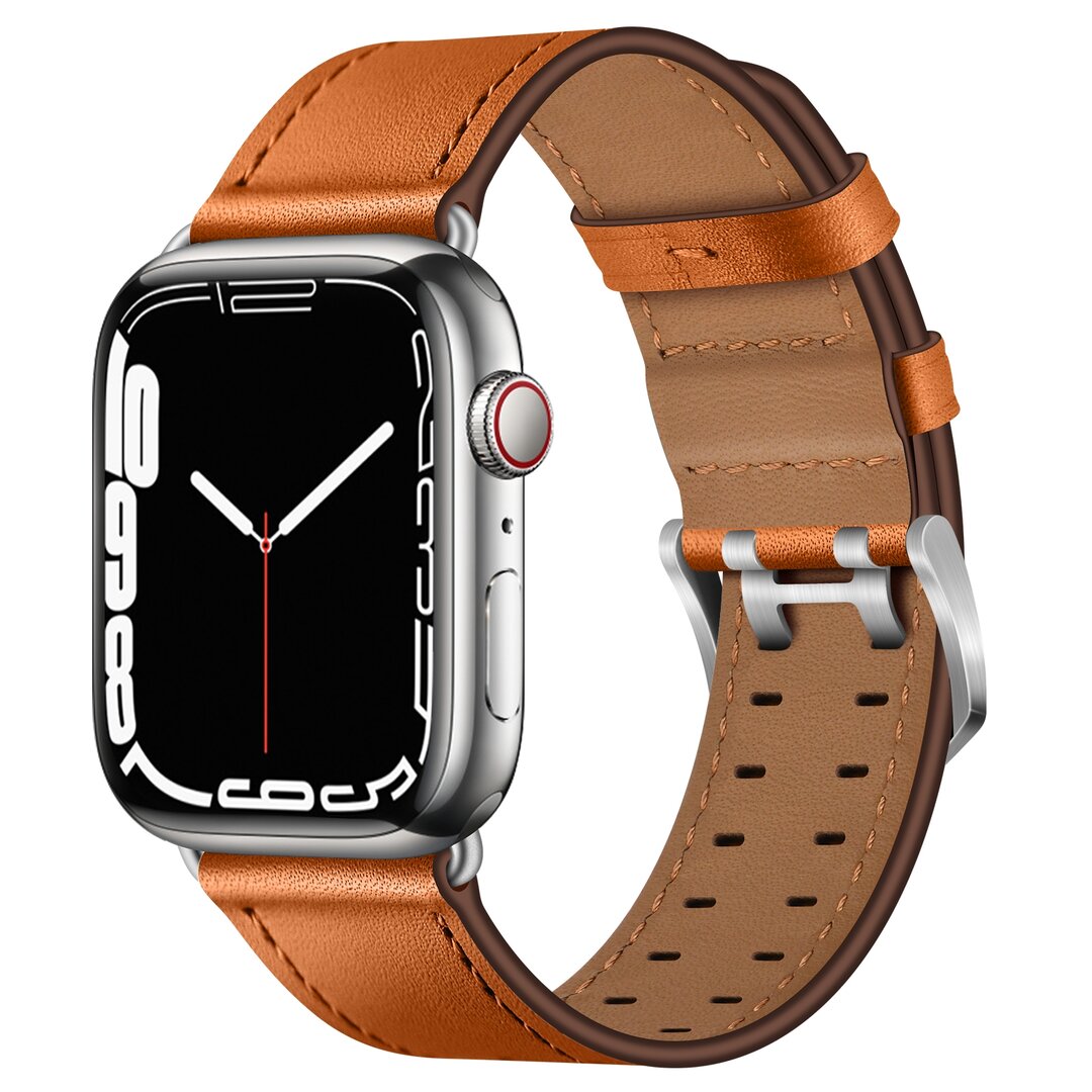 Lederarmband mit Doppelschlie&szlig;e - Hellbraun mit silberner Schlie&szlig;e - Geeignet f&uuml;r Apple Watch 38mm / 40mm / 41mm / 42mm