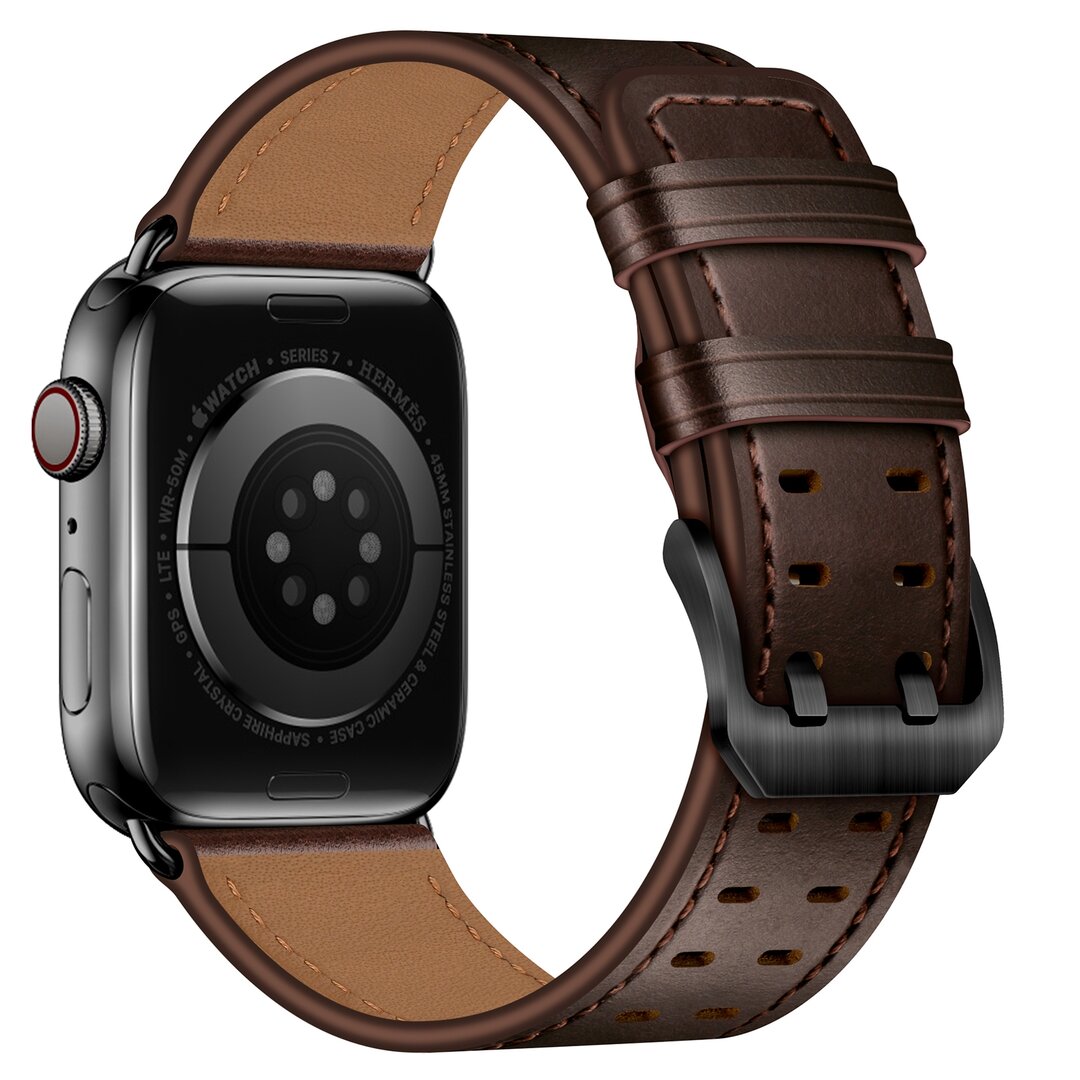 Lederarmband mit Doppelschlie&szlig;e - Dunkelbraun mit schwarzer Schlie&szlig;e - Geeignet f&uuml;r Apple Watch 38mm / 40mm / 41mm / 42mm