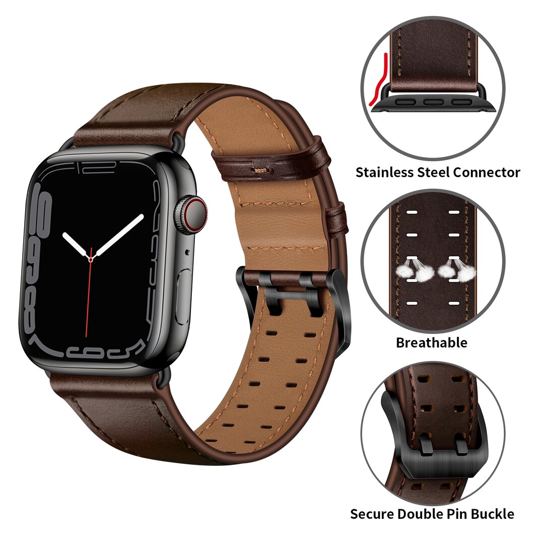 Lederarmband mit Doppelschlie&szlig;e - Dunkelbraun mit schwarzer Schlie&szlig;e - Geeignet f&uuml;r Apple Watch 38mm / 40mm / 41mm / 42mm