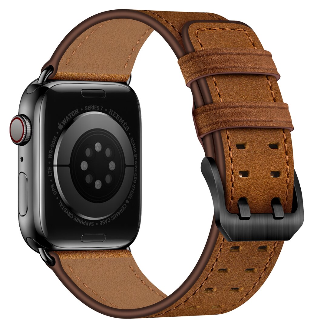 Lederarmband mit Doppelschlie&szlig;e - Braun mit schwarzer Schlie&szlig;e - Geeignet f&uuml;r Apple Watch 38mm / 40mm / 41mm / 42mm