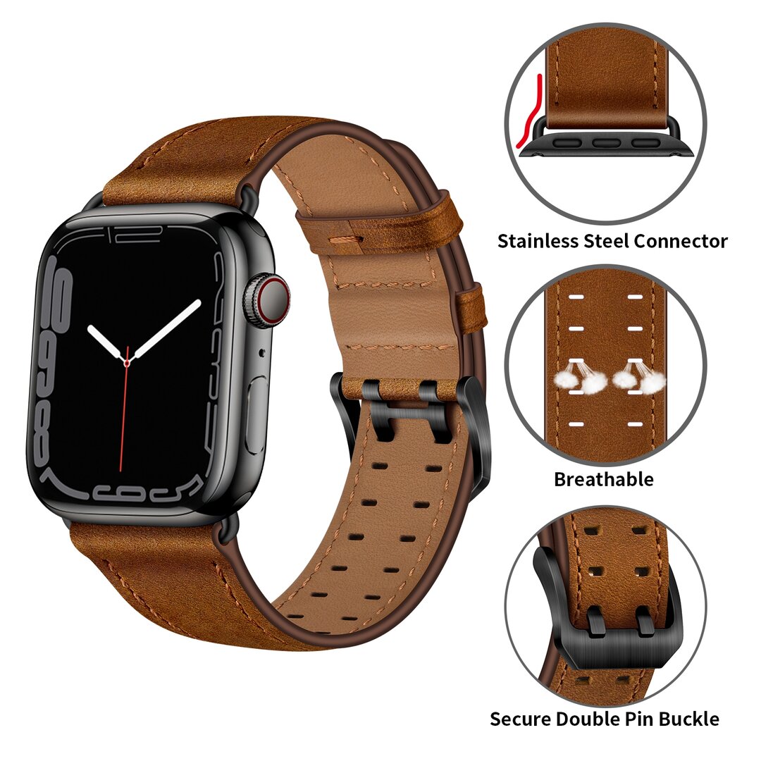 Lederarmband mit Doppelschlie&szlig;e - Braun mit schwarzer Schlie&szlig;e - Geeignet f&uuml;r Apple Watch 38mm / 40mm / 41mm / 42mm