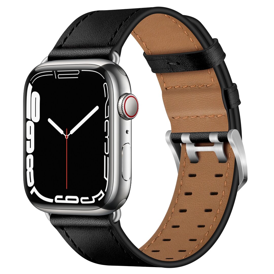 Lederarmband mit Doppelschlie&szlig;e - Schwarz mit silberner Schlie&szlig;e - Geeignet f&uuml;r Apple Watch 38mm / 40mm / 41mm / 42mm