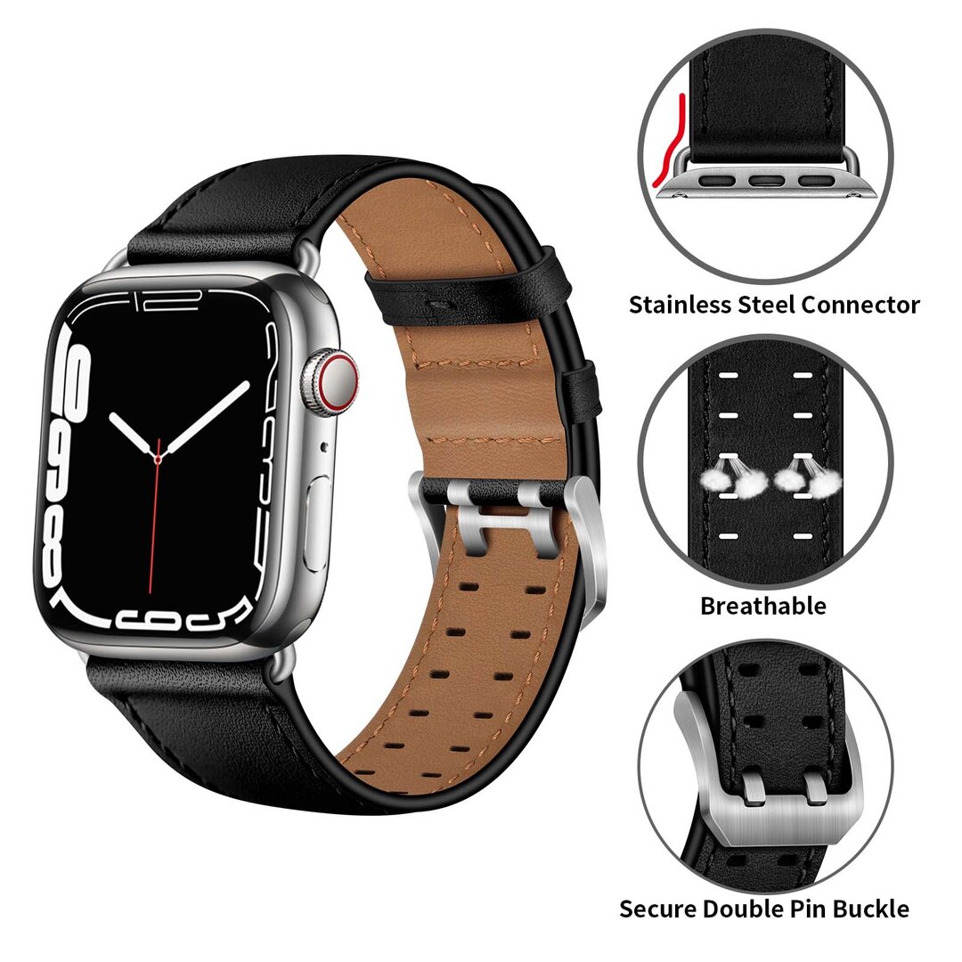 Lederarmband mit Doppelschlie&szlig;e - Schwarz mit silberner Schlie&szlig;e - Geeignet f&uuml;r Apple Watch 38mm / 40mm / 41mm / 42mm