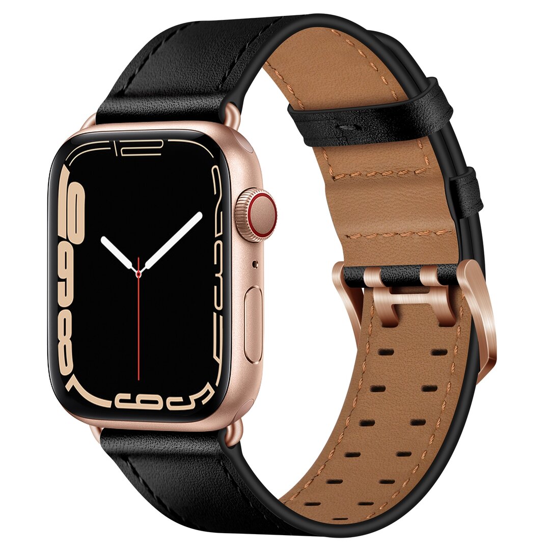 Lederarmband mit Doppelschlie&szlig;e - Schwarz mit rosa Schlie&szlig;e - Geeignet f&uuml;r Apple Watch 38mm / 40mm / 41mm / 42mm