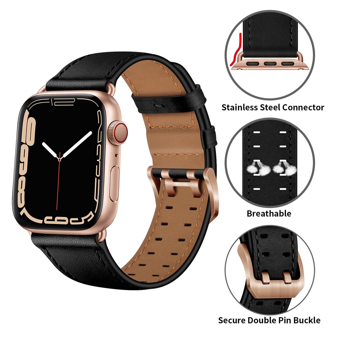 Lederarmband mit Doppelschlie&szlig;e - Schwarz mit rosa Schlie&szlig;e - Geeignet f&uuml;r Apple Watch 38mm / 40mm / 41mm / 42mm