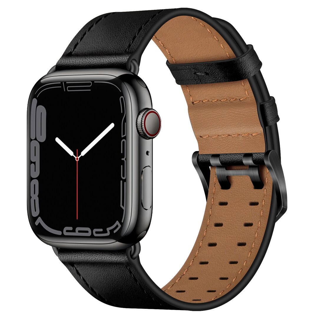 Lederarmband mit Doppelschlie&szlig;e - Schwarz mit schwarzer Schlie&szlig;e - Geeignet f&uuml;r Apple Watch 38mm / 40mm / 41mm / 42mm