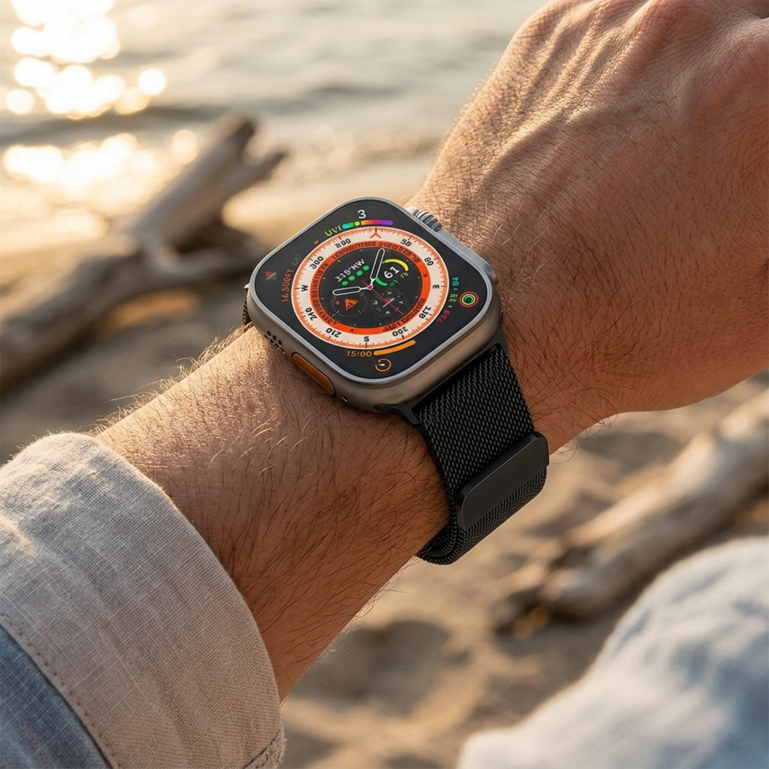 Milanaise Band - Schwarz - Extra starker Magnet - Geeignet f&uuml;r Apple Watch 44mm / 45mm / 46mm / 49mm