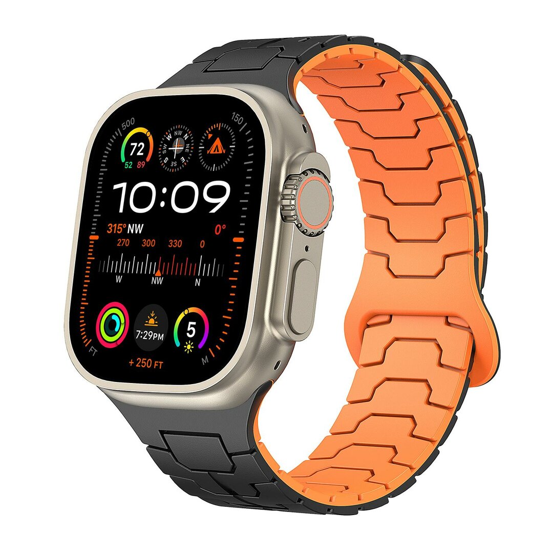 Dragon Scale Silikonarmband - Schwarz mit Orange - Geeignet f&uuml;r Apple Watch 44mm / 45mm / 46mm / 49mm