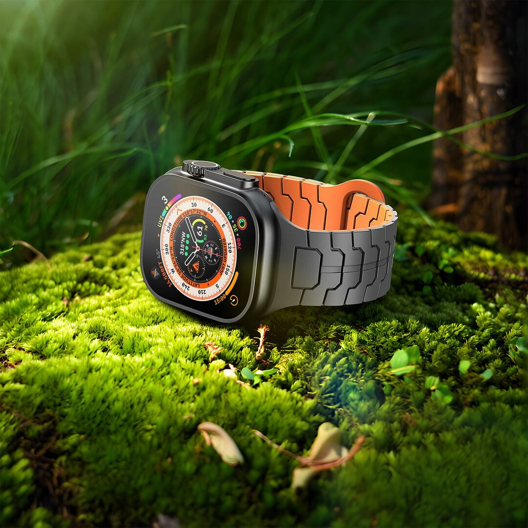 Dragon Scale Silikonarmband - Grau mit Orange - Geeignet f&uuml;r Apple Watch 44mm / 45mm / 46mm / 49mm