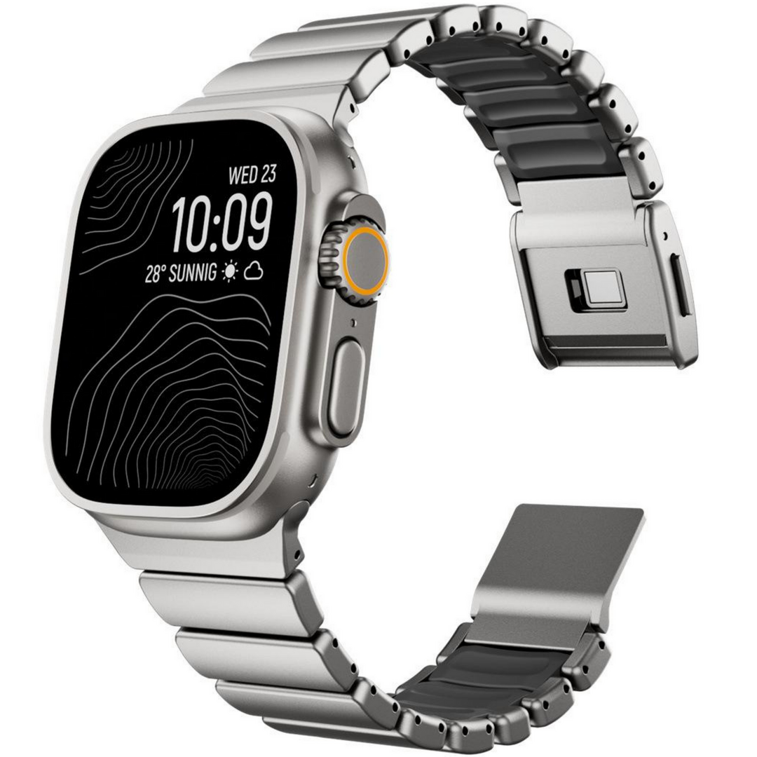 Premium-Edelstahl-/Silikonarmband - Titan mit Schwarz - Passend f&uuml;r Apple Watch 44mm / 45mm / 46mm / 49mm