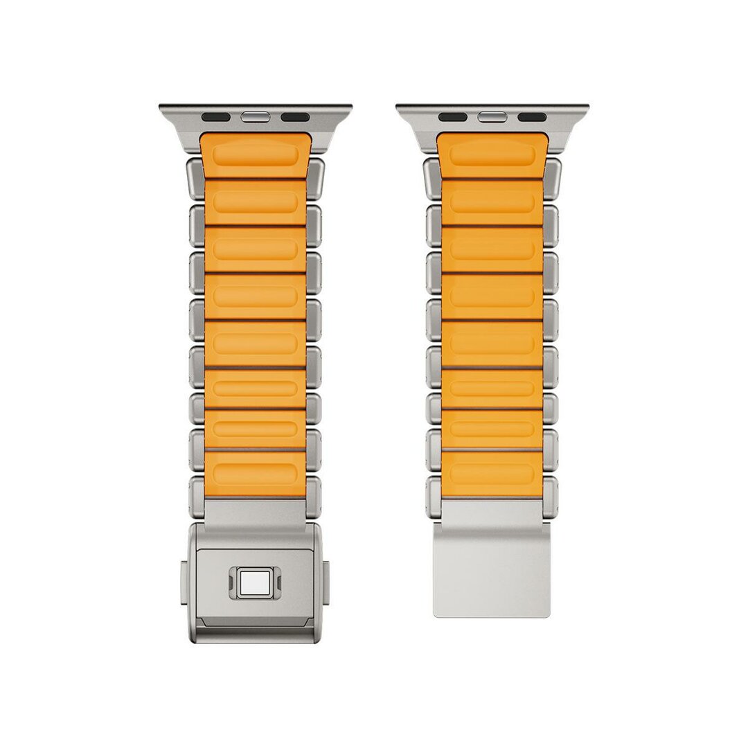 Premium-Edelstahl-/Silikonarmband - Titan mit Orange - Geeignet f&uuml;r Apple Watch 44mm / 45mm / 46mm / 49mm