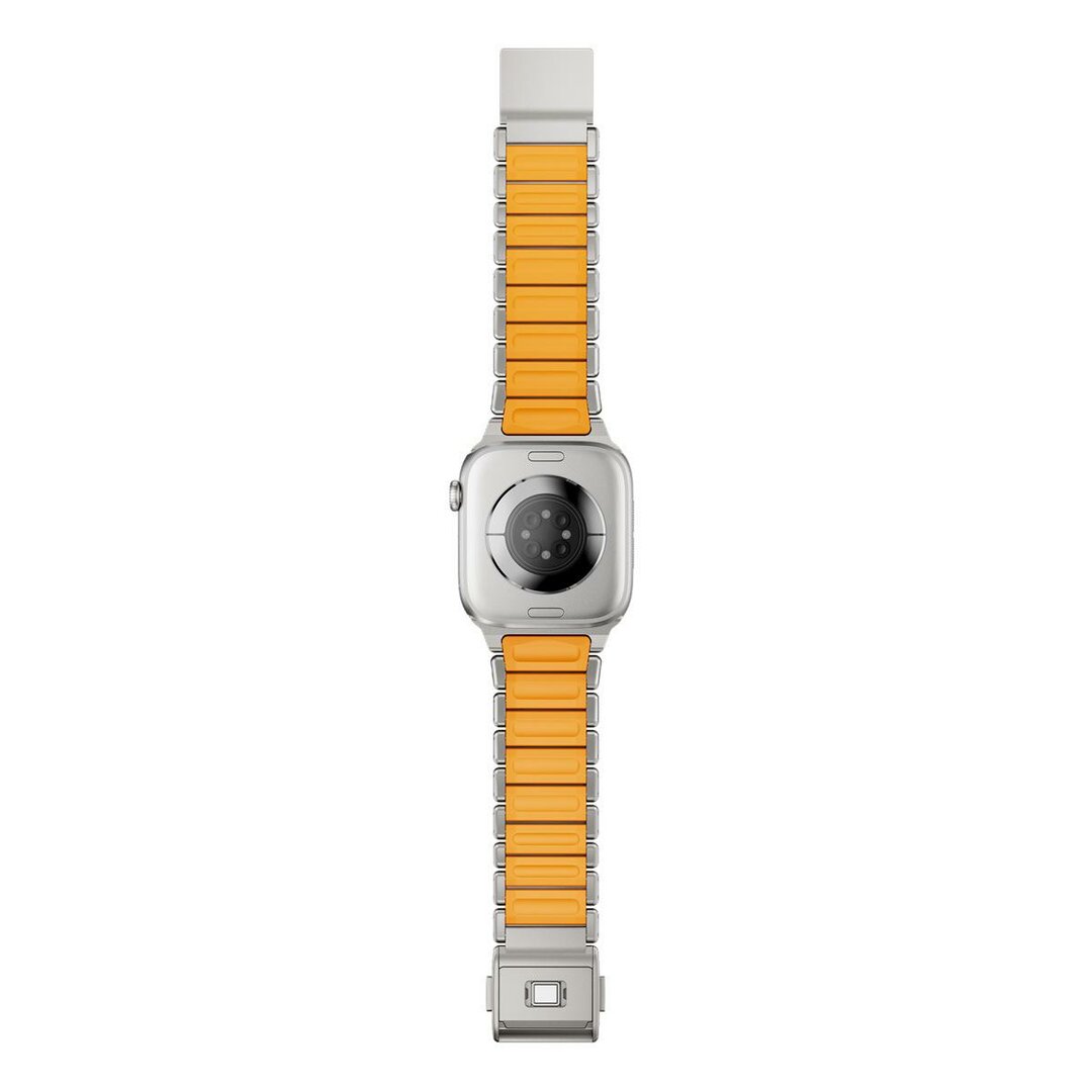 Premium-Edelstahl-/Silikonarmband - Titan mit Orange - Geeignet f&uuml;r Apple Watch 44mm / 45mm / 46mm / 49mm