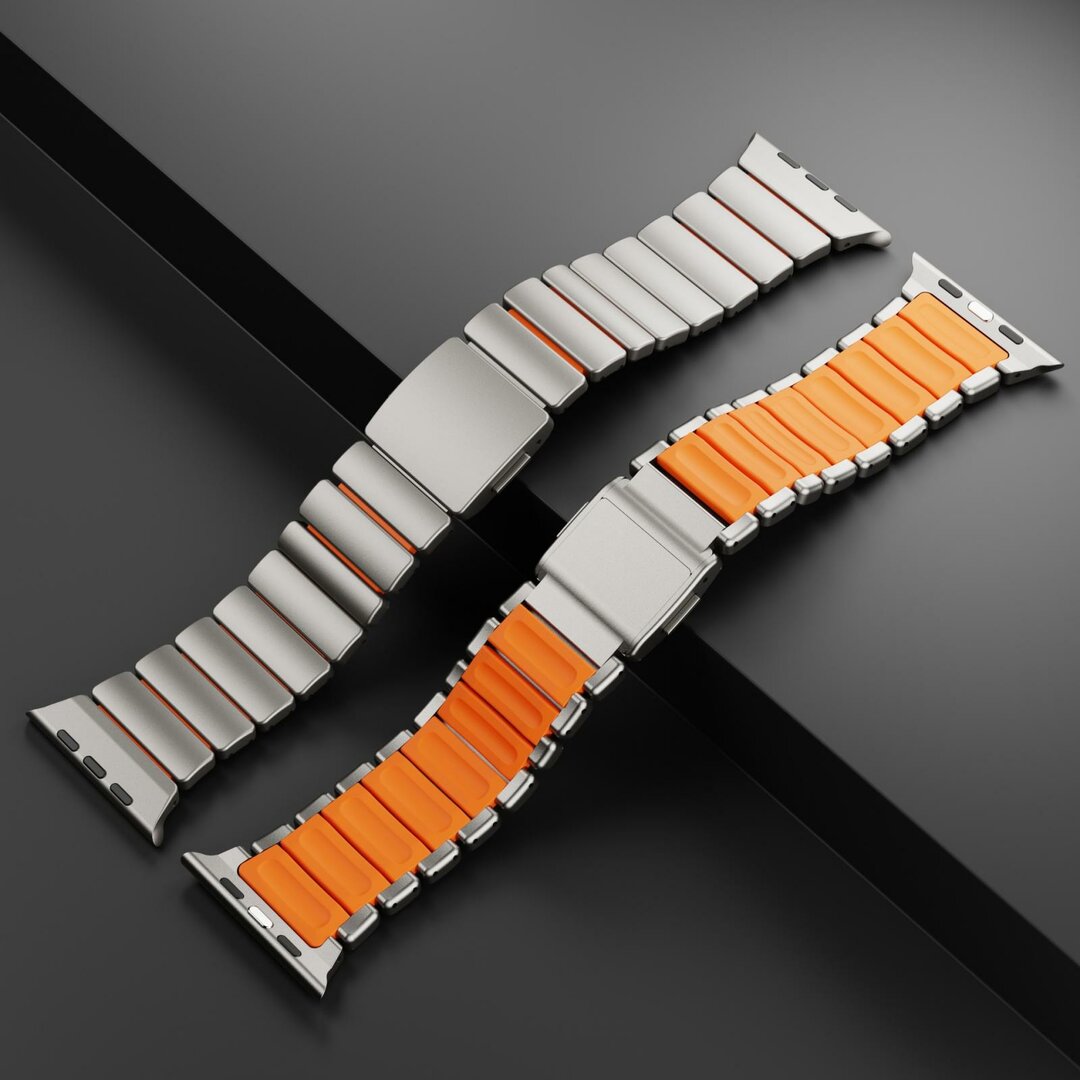 Premium-Edelstahl-/Silikonarmband - Titan mit Orange - Geeignet f&uuml;r Apple Watch 44mm / 45mm / 46mm / 49mm