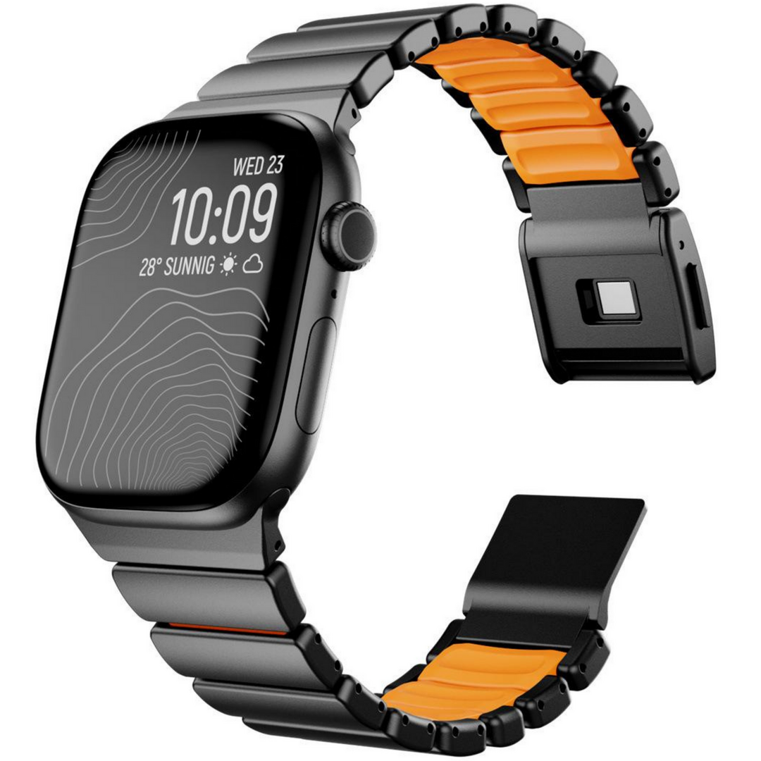 Premium-Edelstahl-/Silikonarmband - Schwarz mit Orange - Geeignet f&uuml;r Apple Watch 44mm / 45mm / 46mm / 49mm