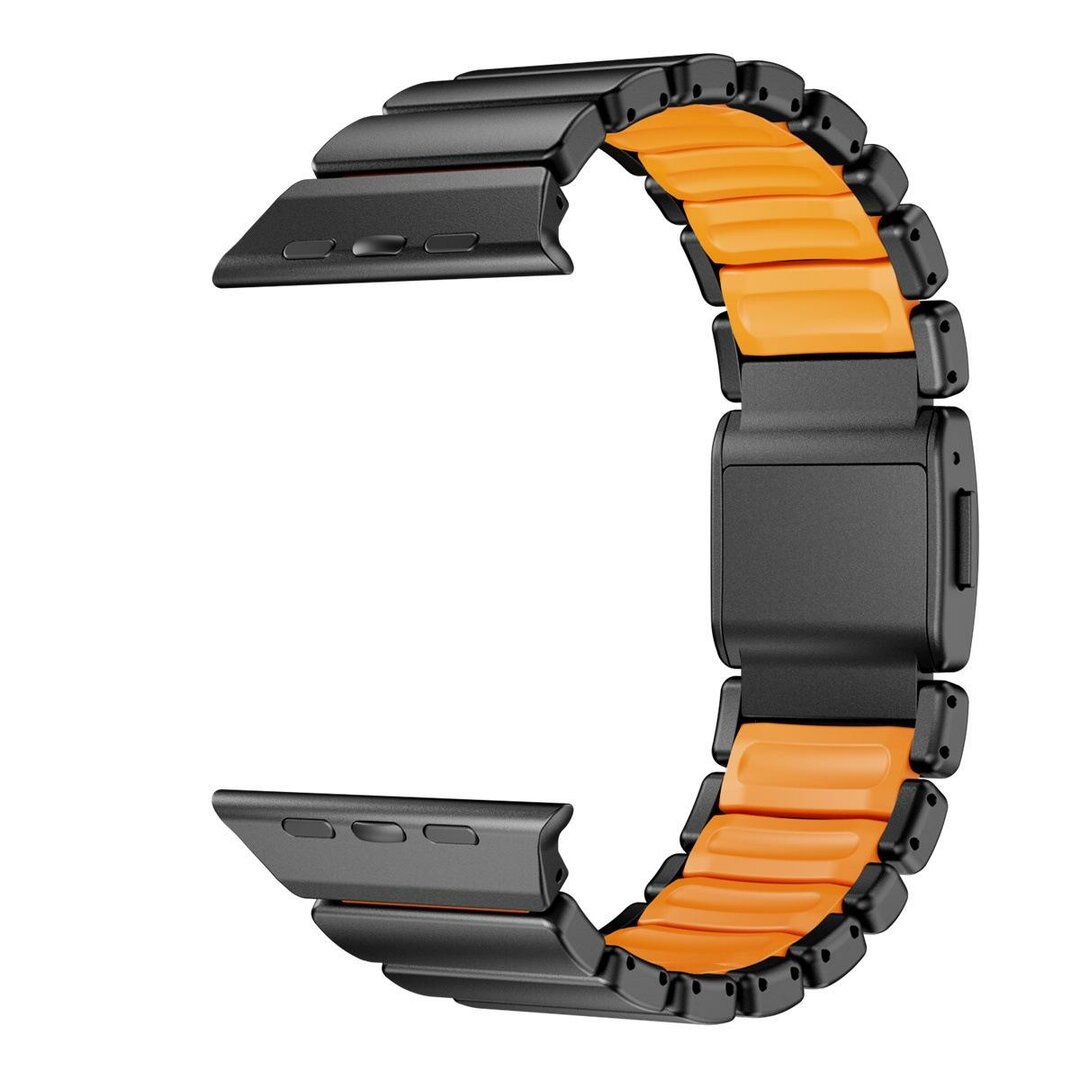 Premium-Edelstahl-/Silikonarmband - Schwarz mit Orange - Geeignet f&uuml;r Apple Watch 44mm / 45mm / 46mm / 49mm