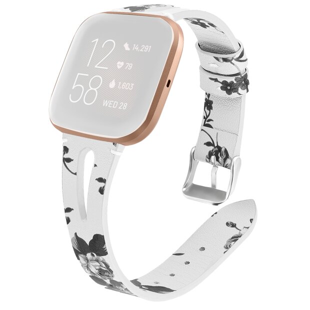 Fitbit Versa 1 / 2 &amp; Lite Armband TPU Leder - Blumendruck wei&szlig;