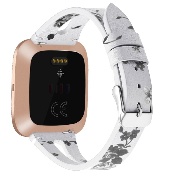 Fitbit Versa 1 / 2 &amp; Lite Armband TPU Leder - Blumendruck wei&szlig;