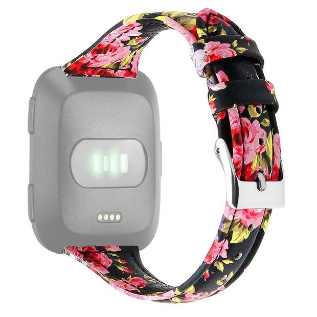 Fitbit Versa 1 / 2 &amp; Lite Armband TPU Leder - Blumendruck schwarz