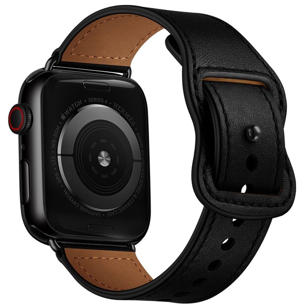 Lederband mit Doppelschlaufe - Schwarz - Geeignet f&uuml;r Apple Watch 44mm / 45mm / 46mm / 49mm