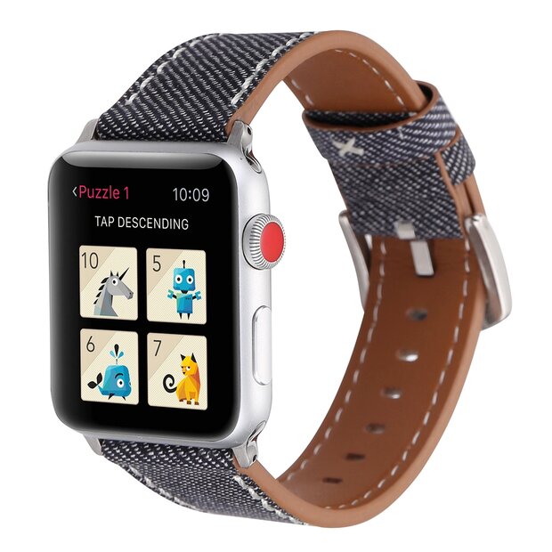 Echtes Lederarmband mit Denim-Muster - Grau - Geeignet f&uuml;r Apple Watch 38mm / 40mm / 41mm / 42mm