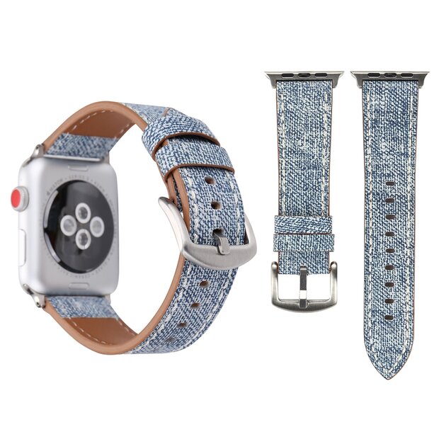 Echtes Lederarmband mit Denim-Muster - Hellblau - Geeignet f&uuml;r Apple Watch 44mm / 45mm / 46mm / 49mm