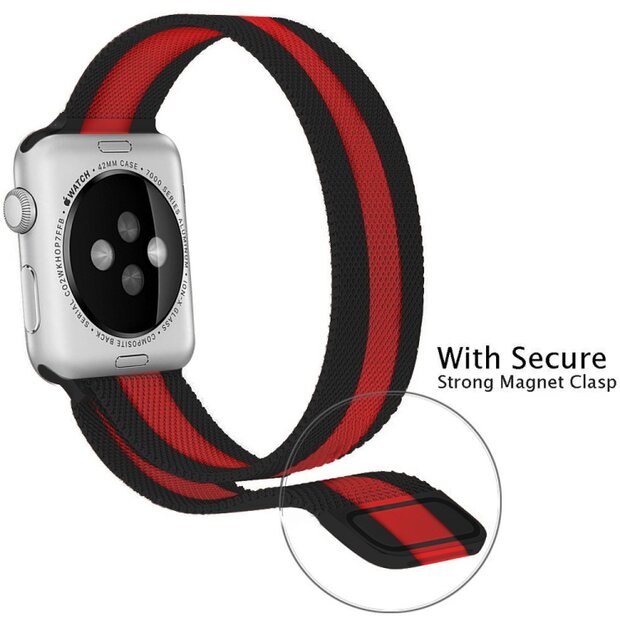 Milanaise-Edelstahlarmband - Schwarz mit Rot - Geeignet f&uuml;r Apple Watch 44mm / 45mm / 46mm / 49mm