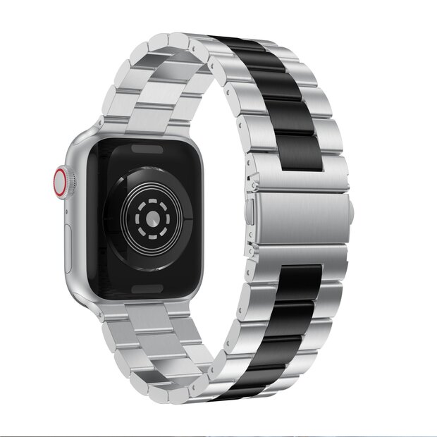 Stahlgliederarmband - Silber mit Schwarz - Geeignet f&uuml;r Apple Watch 38mm / 40mm / 41mm / 42mm