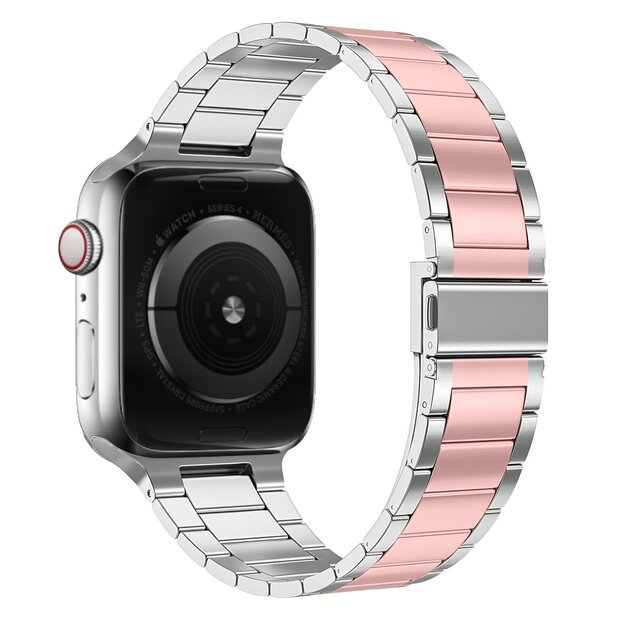 Stahlgliederarmband - Silber mit Rose - Passend f&uuml;r Apple Watch 44mm / 45mm / 46mm / 49mm