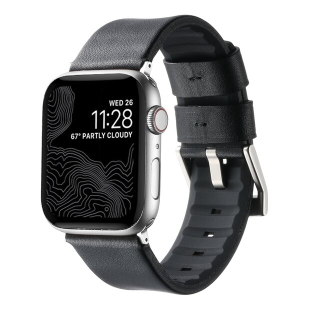 Leder + Silikonarmband - Schwarz + silberner Connector und Schlie&szlig;e - Geeignet f&uuml;r Apple Watch 44mm / 45mm / 46mm / 49mm