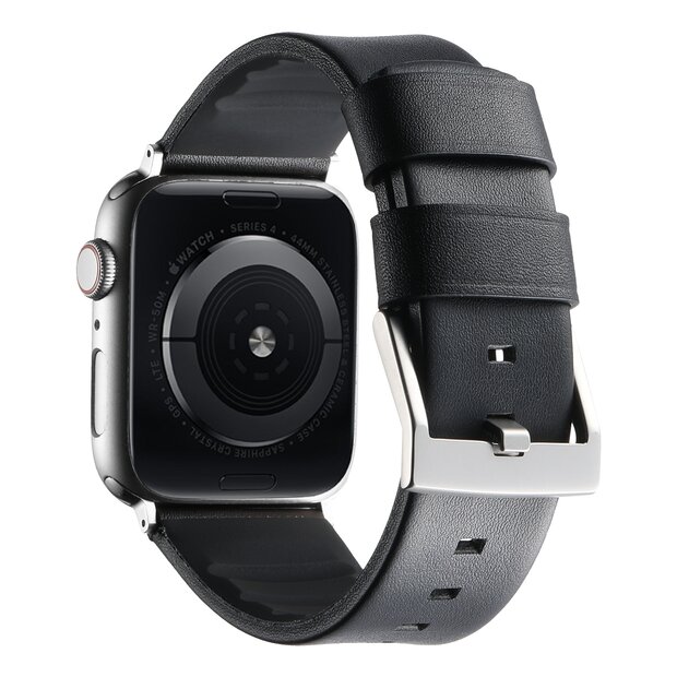 Leder + Silikonarmband - Schwarz + silberner Connector und Schlie&szlig;e - Geeignet f&uuml;r Apple Watch 44mm / 45mm / 46mm / 49mm
