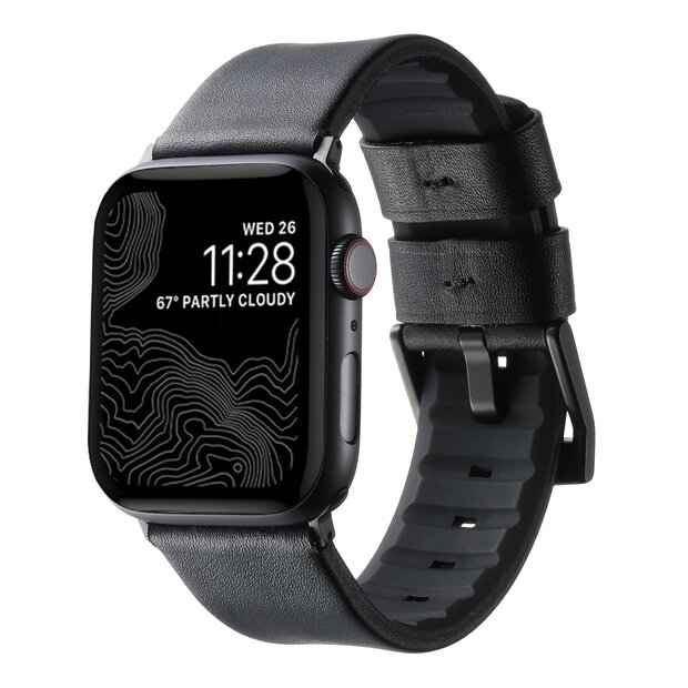 Leder + Silikonarmband - Schwarz + schwarzer Connector und Schlie&szlig;e - Geeignet f&uuml;r Apple Watch 44mm / 45mm / 46mm / 49mm