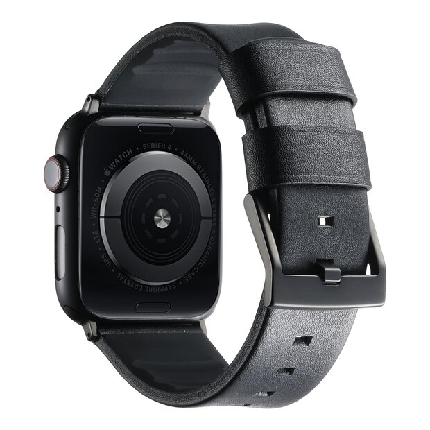 Leder + Silikonarmband - Schwarz + schwarzer Connector und Schlie&szlig;e - Geeignet f&uuml;r Apple Watch 44mm / 45mm / 46mm / 49mm