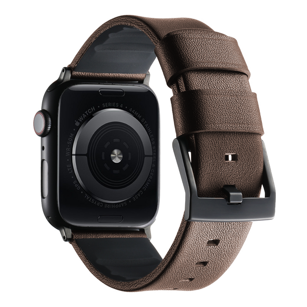 Leder + Silikonarmband - Braun + schwarzer Connector und Schlie&szlig;e - Geeignet f&uuml;r Apple Watch 44mm / 45mm / 46mm / 49mm
