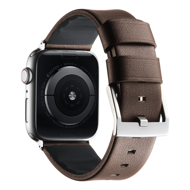 Leder + Silikonarmband - Braun + silberner Connector und Schlie&szlig;e - Geeignet f&uuml;r Apple Watch 44mm / 45mm / 46mm / 49mm