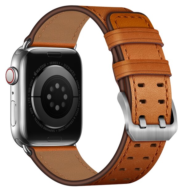 Lederarmband mit Doppelschlie&szlig;e - Hellbraun mit silberner Schlie&szlig;e - Geeignet f&uuml;r Apple Watch 44mm / 45mm / 46mm / 49mm
