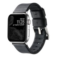 Leder + Silikonarmband - Schwarz + silberner Connector und Schlie&szlig;e - Geeignet f&uuml;r Apple Watch 44mm / 45mm / 46mm / 49mm