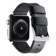 Leder + Silikonarmband - Schwarz + silberner Connector und Schlie&szlig;e - Geeignet f&uuml;r Apple Watch 44mm / 45mm / 46mm / 49mm
