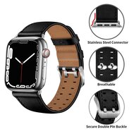 Lederarmband mit Doppelschlie&szlig;e - Schwarz mit silberner Schlie&szlig;e - Geeignet f&uuml;r Apple Watch 44mm / 45mm / 46mm / 49mm