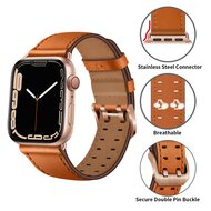 Lederarmband mit Doppelschlie&szlig;e - Hellbraun mit rosafarbener Schlie&szlig;e - Geeignet f&uuml;r Apple Watch 44mm / 45mm / 46mm / 49mm
