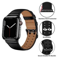Lederarmband mit Doppelschlie&szlig;e - Schwarz mit schwarzer Schlie&szlig;e - Geeignet f&uuml;r Apple Watch 38mm / 40mm / 41mm / 42mm