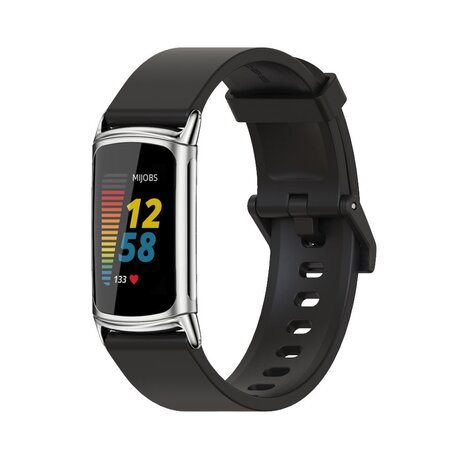 FitBit Charge 5 & 6 Extra weiches Silikonband - Schwarz + silberner Anschluss