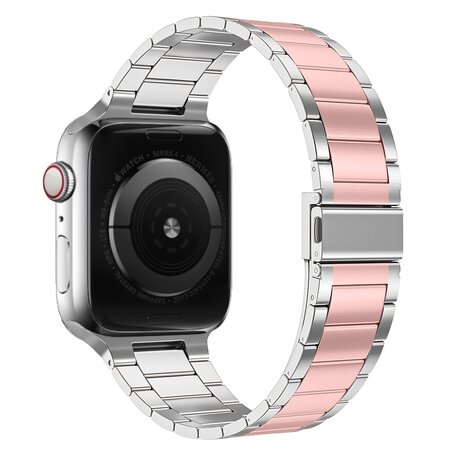 Stahlgliederarmband - Silber mit Rose - Passend für Apple Watch 42mm / 44mm / 45mm / 49mm